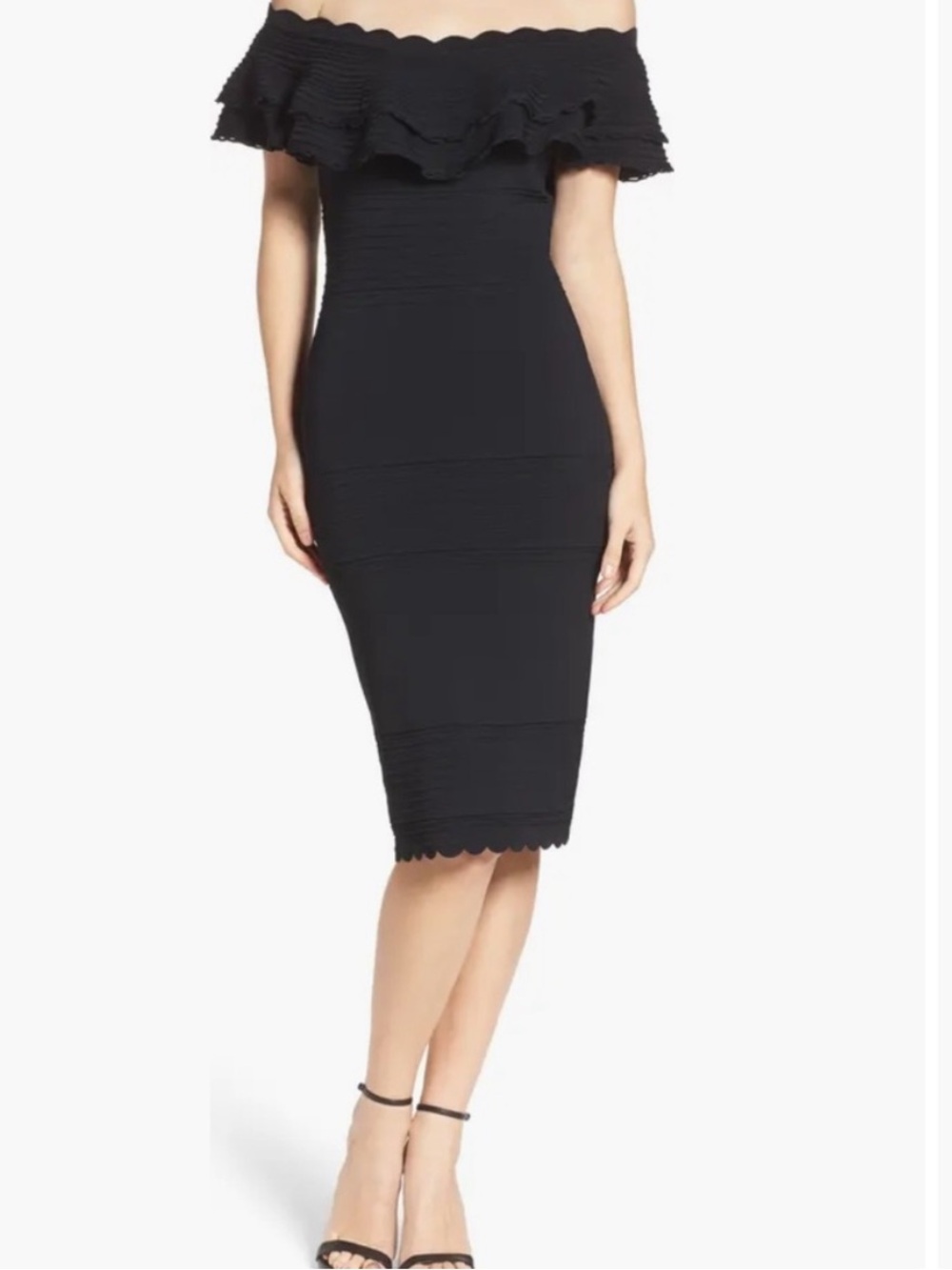 Eliza J Scalloped Off-Shoulder Knit Sheath Dress in Black, Ruffle Accent, Sz L